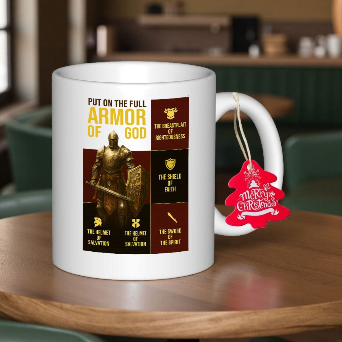 Tailorly White Ceramic 11 oz Mug - Put On The Full Armor Of God Noble Medieval Warrior Standing Boldly In Golden Protective Plate Armor Suit Knight