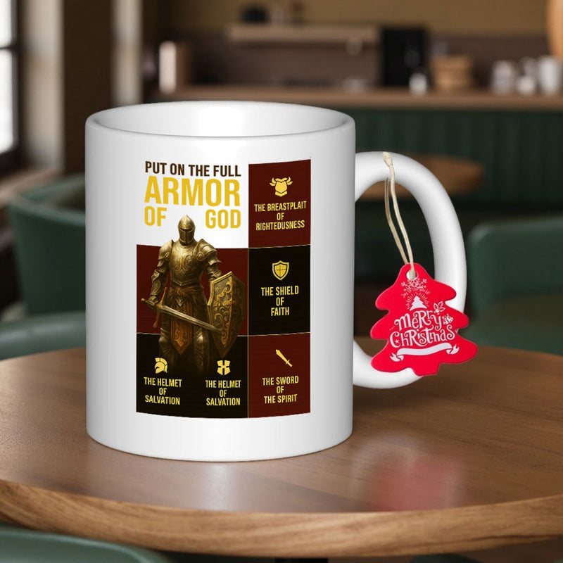 Tailorly White Ceramic 11 oz Mug - Put On The Full Armor Of God Noble Medieval Warrior Standing Boldly In Golden Protective Plate Armor Suit Knight