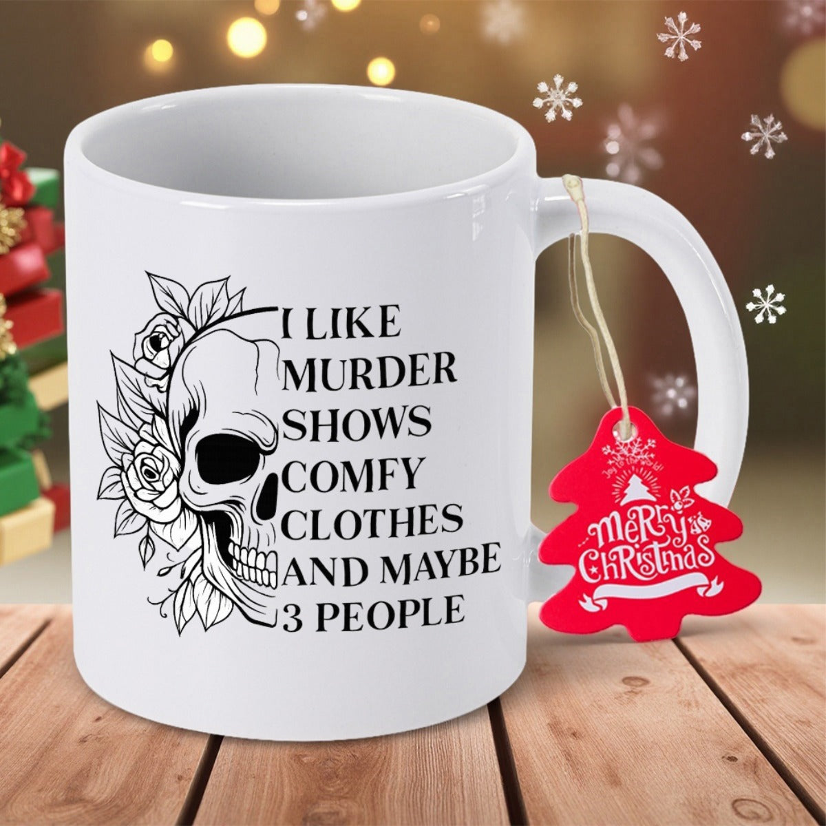 Tailorly White Ceramic 11 oz Mug - I Like Murder Shows Comfy Clothes And Maybe 3 People Hand Drawn Line Art Half Skull With Delicate Rose Petals And Leaves Skull