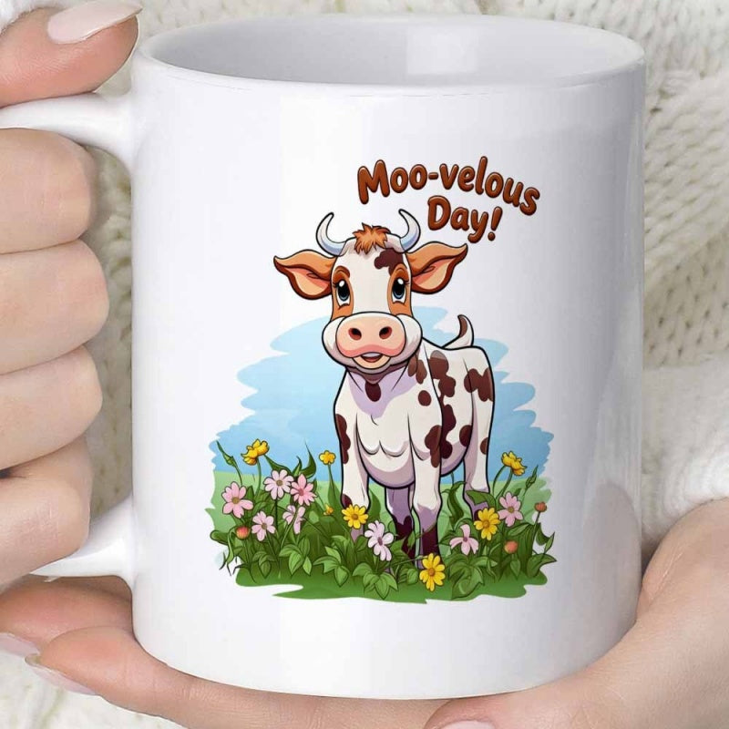 Tailorly White Ceramic 11 oz Mug - Moovelous Day Cute Spotted Cow Standing Among Colorful Flowers In Sunny Green Meadow Cow