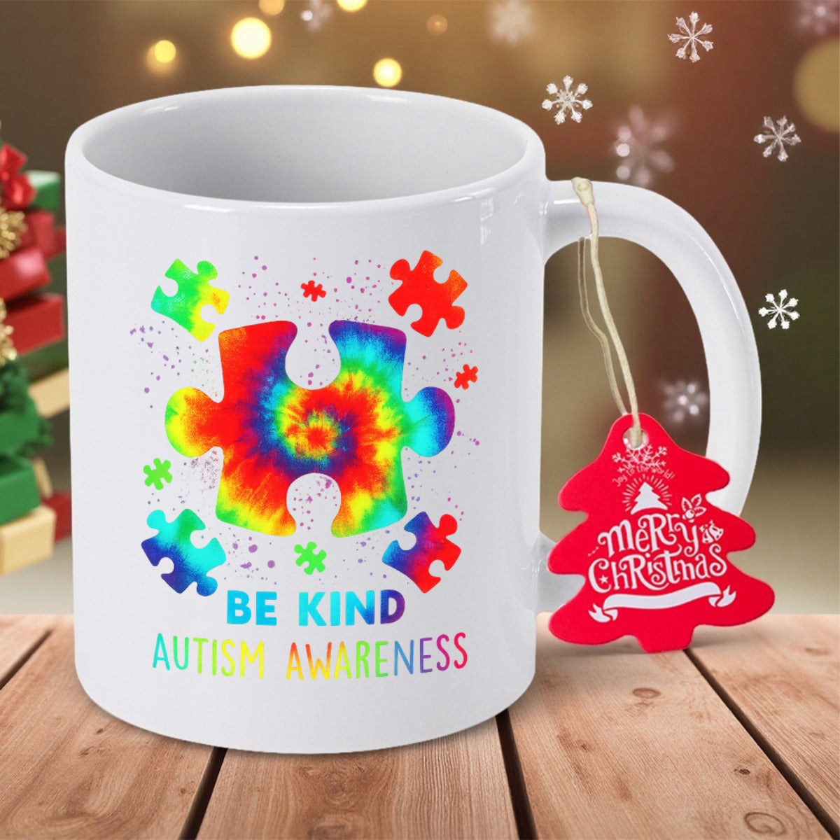 Tailorly White Ceramic 11 oz Mug - Be Kind Autism Awareness Colorful Tie Dye Puzzle Pieces Floating Among Vibrant Rainbow Shades Mug