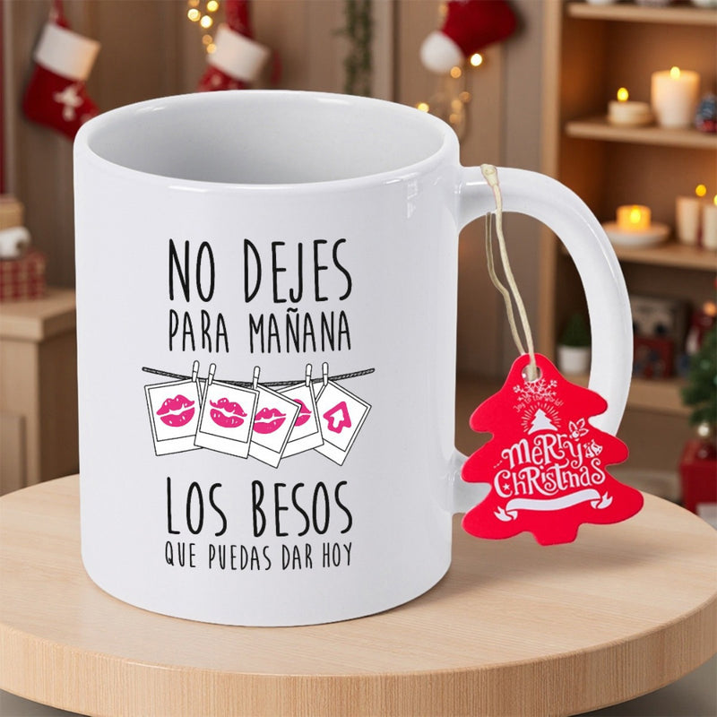 Tailorly White Ceramic 11 oz Mug - Merry Christmas Hanging Polaroid Photos With Pink Lip Prints On A