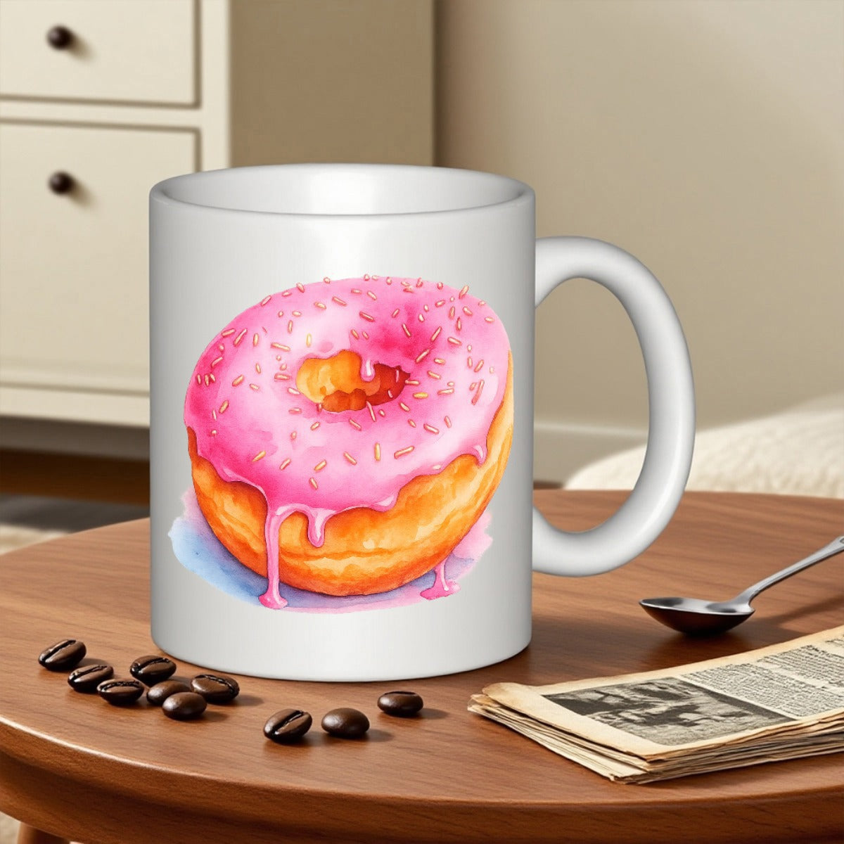 Tailorly White Ceramic 11 oz Mug - Delicious Watercolor Hand Drawn With Pink Dripping Strawberry Glaze And Golden Crust Donut