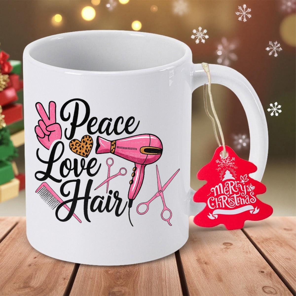Tailorly White Ceramic 11 oz Mug - Peace Love Hair Pink Stylist Tools With Leopard Heart Under Elegant Calligraphy Script Hairdryer