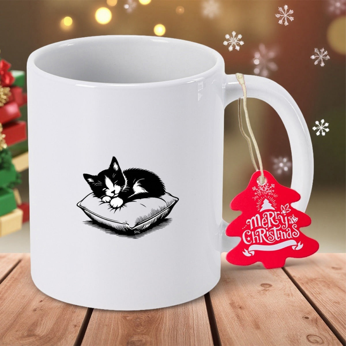 Tailorly White Ceramic 11 oz Mug - Merry Christmas Black And White Tuxedo Cat Sleeping On A Cushioned Pillow Cat