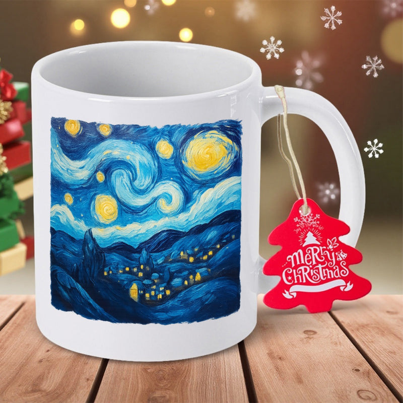 Tailorly White Ceramic 11 oz Mug - Merry Christmas Swirling Blue Night Sky With Golden Moon And Glowing Stars Mug