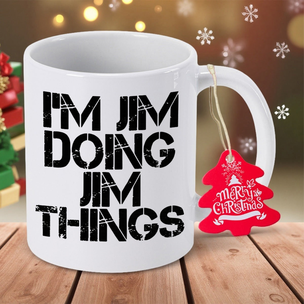 Tailorly White Ceramic 11 oz Mug - Im Jim Doing Jim Things Bold Distressed Black Stencil Typography On Clean White Background Lettering