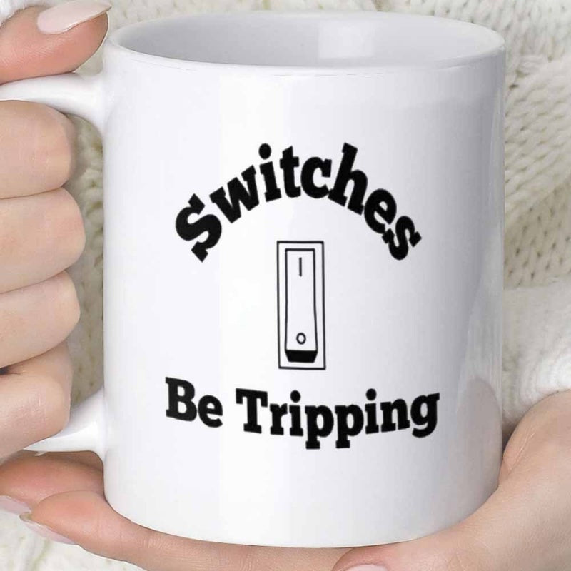 Tailorly White Ceramic 11 oz Mug - Switches Be Tripping Simple Minimalist Black And White Line Art Illustration Of A Toggle Switch