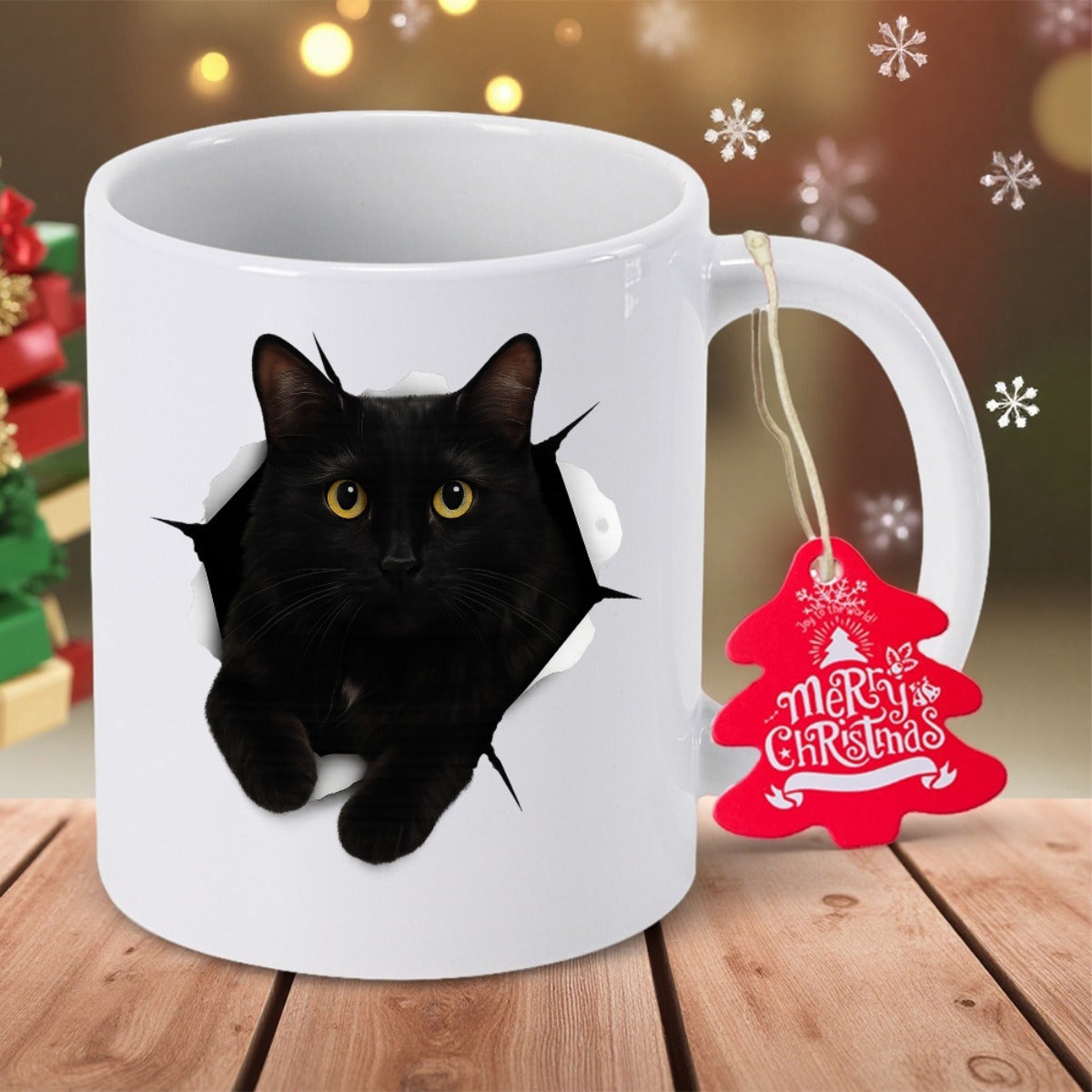 Tailorly White Ceramic 11 oz Mug - Merry Christmas Curious Black Cat Peeking Through A Torn White Paper Hole Cat