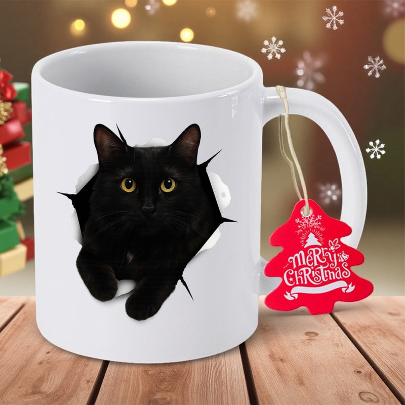 Tailorly White Ceramic 11 oz Mug - Merry Christmas Curious Black Cat Peeking Through A Torn White Paper Hole Cat