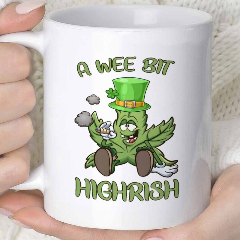 Tailorly White Ceramic 11 oz Mug - A Wee Bit Highrish Funny Cartoon Green Cannabis Leaf Wearing Festive Leprechaun Hat Mug