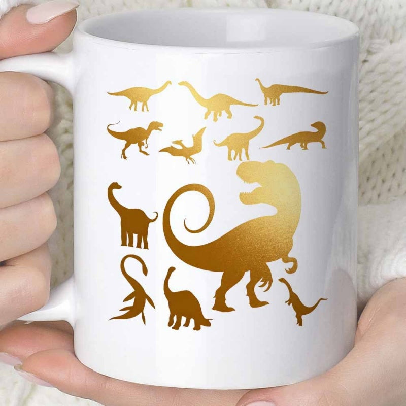 Tailorly White Ceramic 11 oz Mug - Golden Prehistoric Creatures Silhouettes Arranged On A Pure White Surface Dinosaur