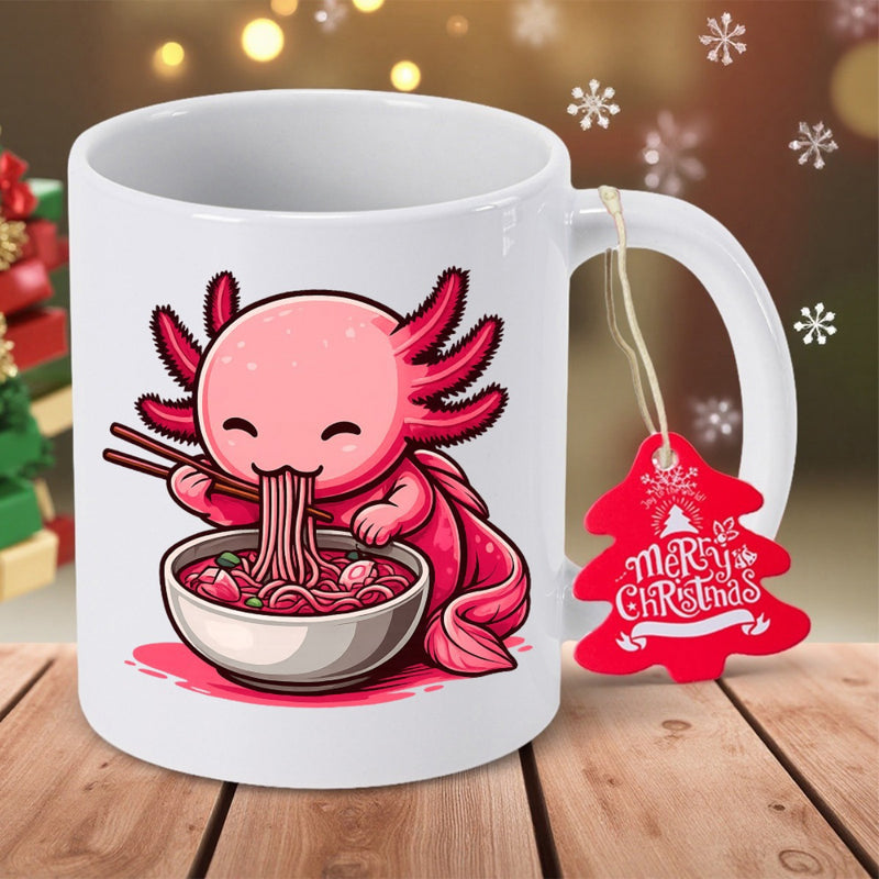 Tailorly White Ceramic 11 oz Mug - Adorable Pink Cartoon Creature Eating Ramen Noodles From A Deep Bowl Axolotl