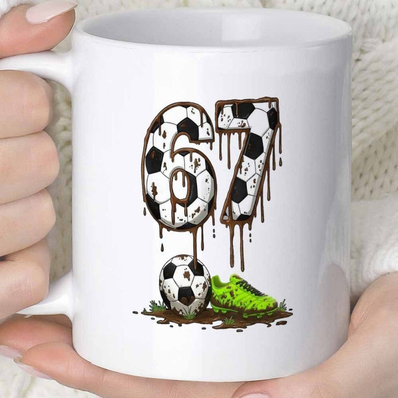Tailorly White Ceramic 11 oz Mug - Artistic Muddy Numbers Dripping Over Sporty Ball And Green Soccer Cleat