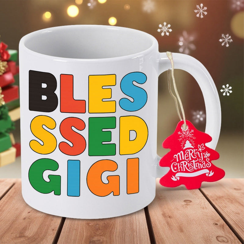 Tailorly White Ceramic 11 oz Mug - Blessed Gigi Vibrant Colorful Bold Block Letters Arranged In A Playful Stacked Typography