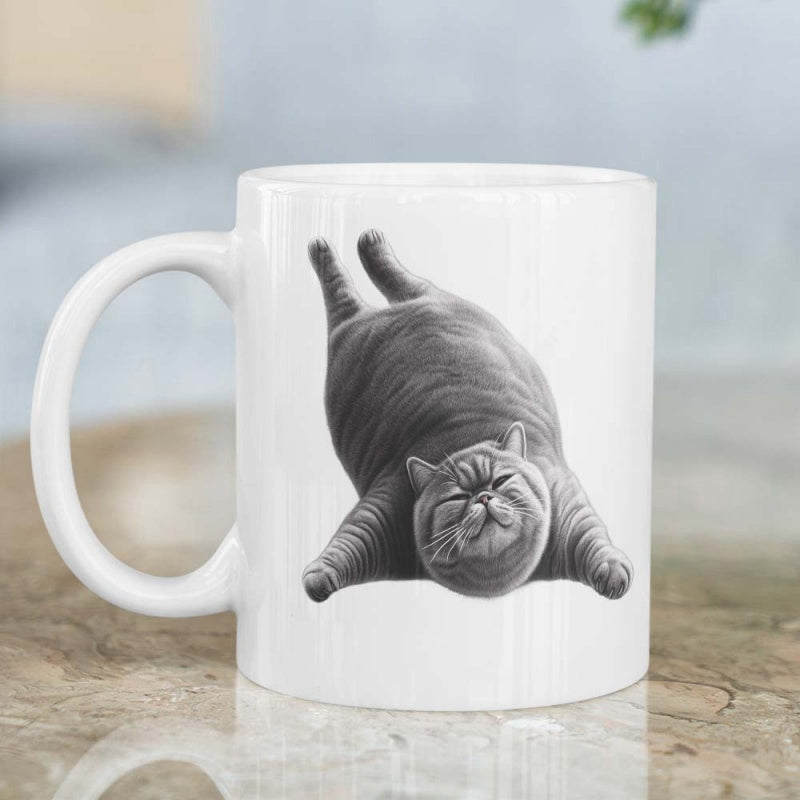 Tailorly White Ceramic 11 oz Mug - Funny Chubby Grey Cat Resting Lazily In A Playful Upside Down Position Cat