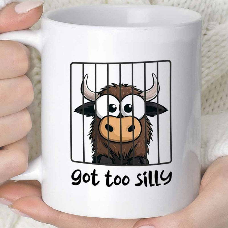 Tailorly White Ceramic 11 oz Mug - Got Too Silly Cartoonish Brown Highland Cow Trapped Inside A Small Jail Cell Cow