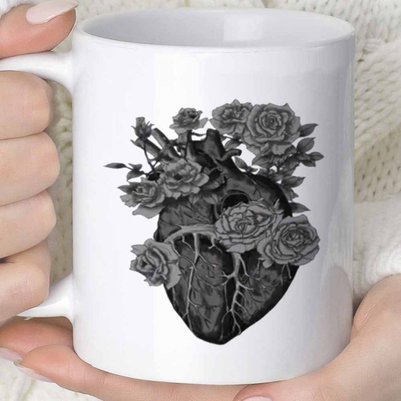 Tailorly White Ceramic 11 oz Mug - Detailed Botanical Roses Blooming Around A Realistic Vintage Anatomical Human Heart
