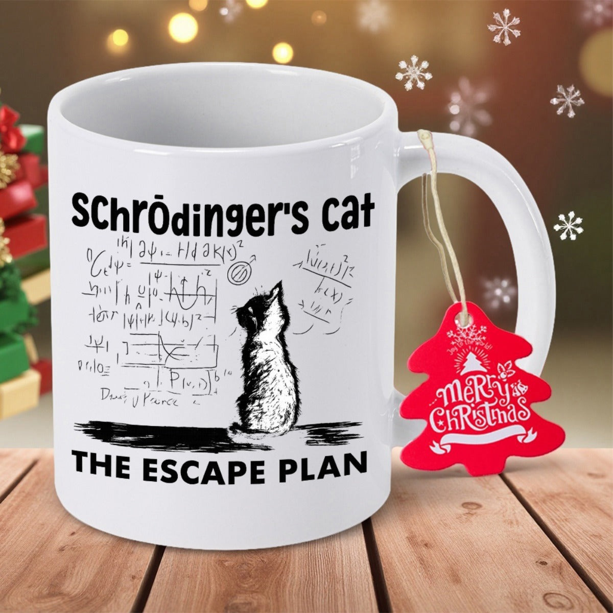 Tailorly White Ceramic 11 oz Mug - Schrodingers Cat The Escape Plan Minimalist Black Ink Sketch Looking At Complex Mathematical Physics Equations Cat