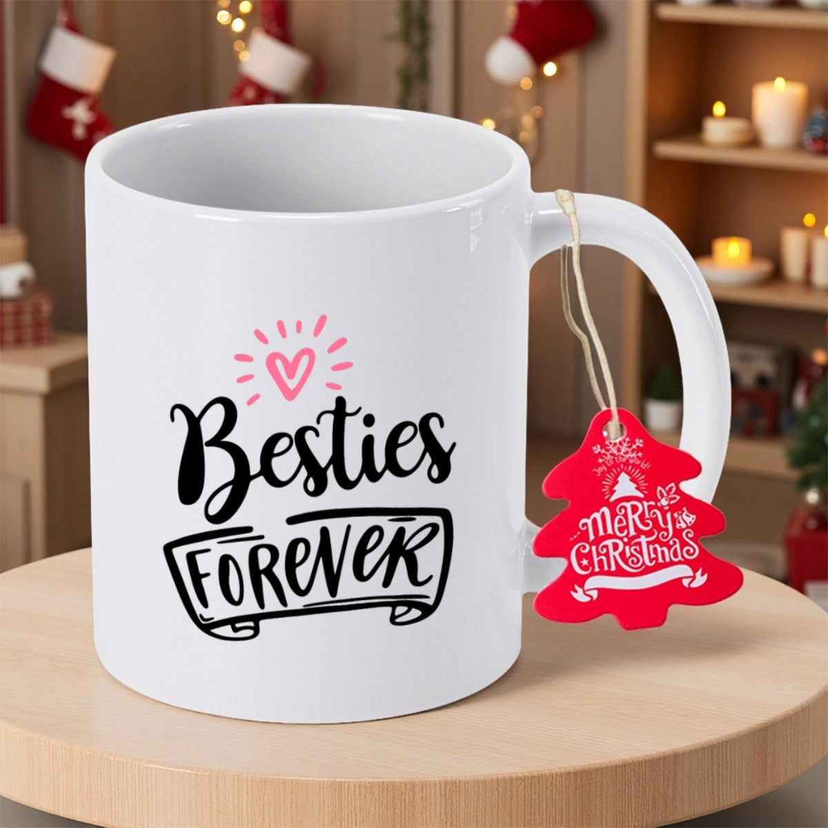 Tailorly White Ceramic 11 oz Mug - Besties Forever Merry Christmas Minimalist Radiant Heart Icon Above Artistic Hand Lettered Script Typography Mug