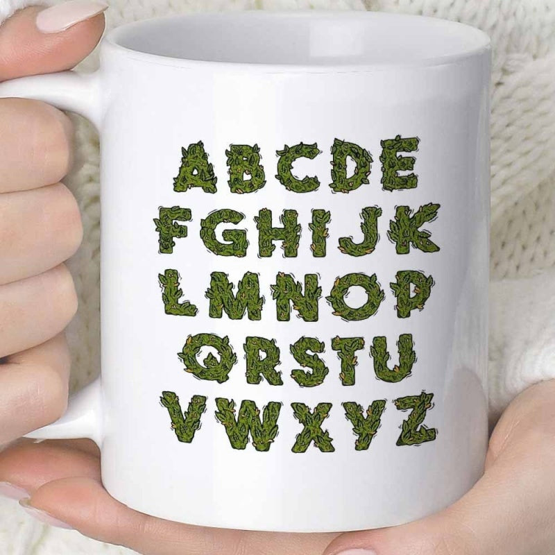 Tailorly White Ceramic 11 oz Mug - ABCDE FGHIJK LMNOP QRSTU VWXYZ Vibrant Organic Green Foliage Texture Formed Into A Grid Alphabet