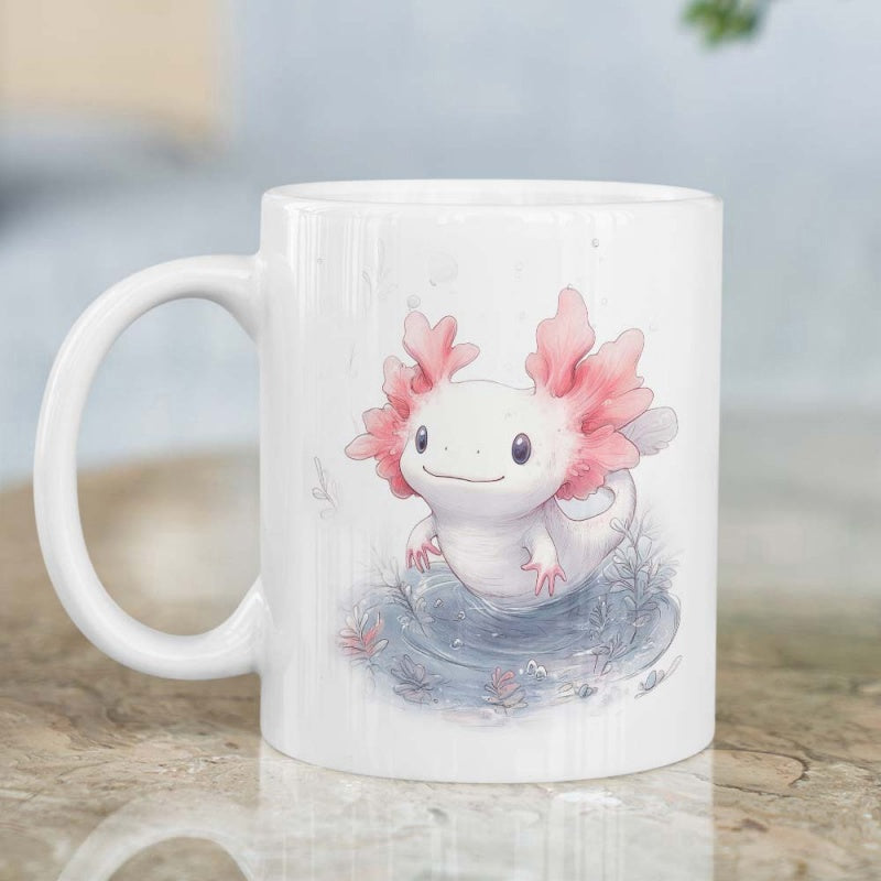 Tailorly White Ceramic 11 oz Mug - Adorable Pink Salamander Character Floating Inside Soft Artistic Watercolor Swirls Axolotl