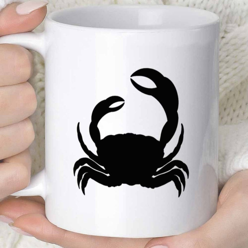 Tailorly White Ceramic 11 oz Mug - Solid Black Silhouette Featuring A Coastal Sea Creature With Sharp Pincers Crab