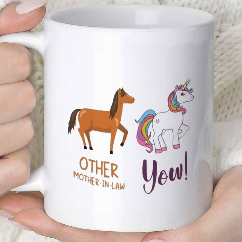 Tailorly White Ceramic 11 oz Mug - Other Mother In Law You Graceful Brown Horse Standing Beside A Magical Rainbow Mane Unicorn