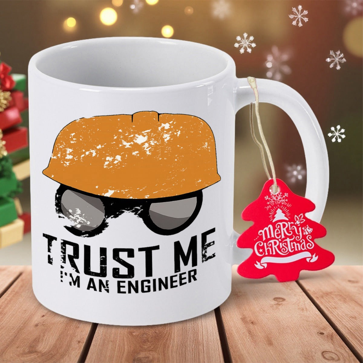 Tailorly White Ceramic 11 oz Mug - Trust Me Im An Engineer Distressed Orange Construction Safety Goggles Protective Work Gear Hard Hat