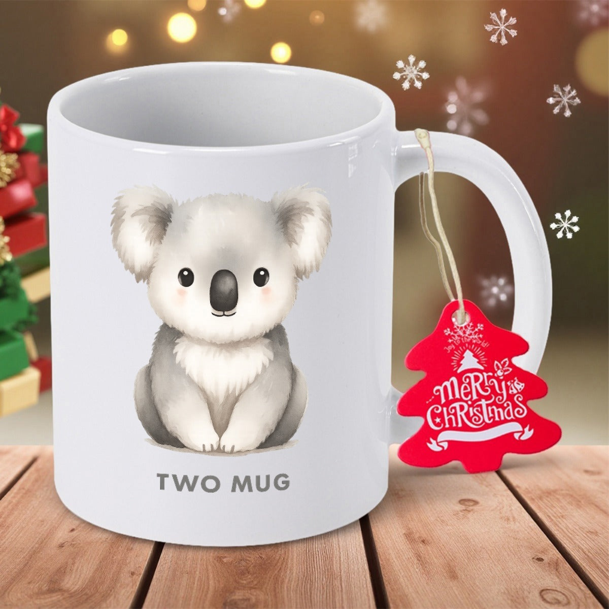 Tailorly White Ceramic 11 oz Mug - Two Mug Merry Christmas Adorable Fluffy Watercolor Koala Sitting Peacefully Among Soft Festive Holiday Vibes Koala