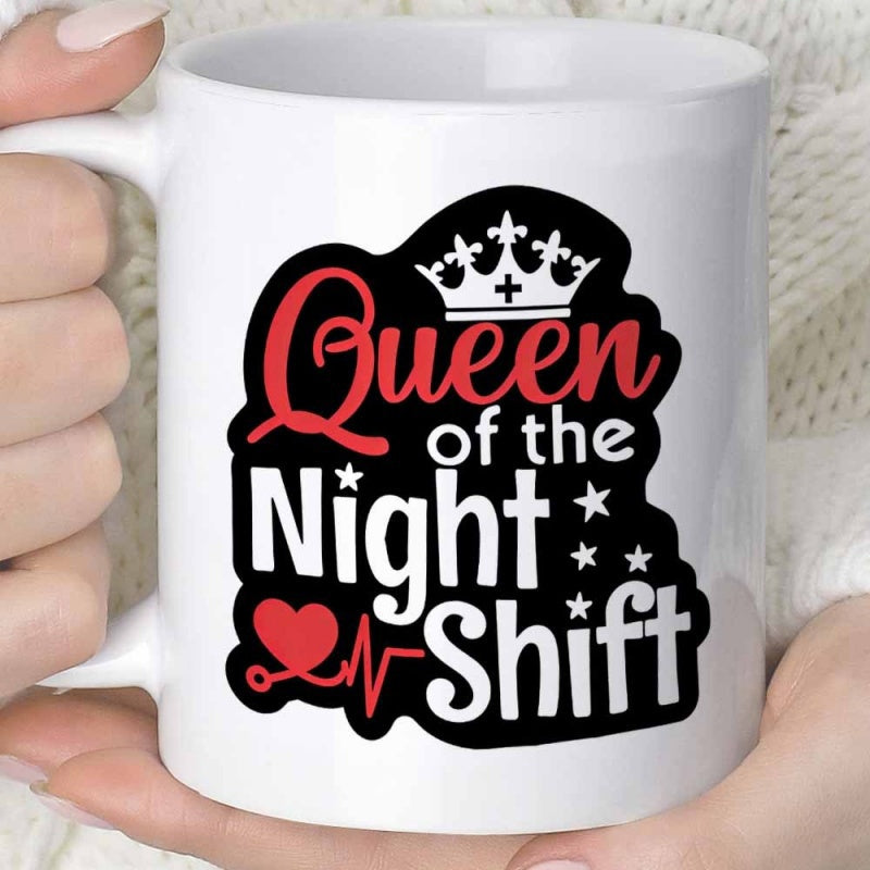 Tailorly White Ceramic 11 oz Mug - Queen Of The Night Shift Regal Royal Crown Resting Above Shimmering Stars And Heartbeat Pulse Crown