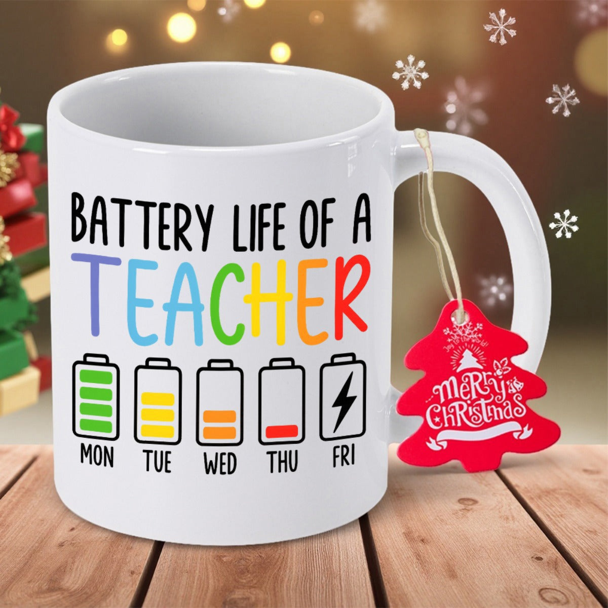 Tailorly White Ceramic 11 oz Mug - Battery Life Of A Teacher Five Depleting Energy Bar Icons Showing Weekly Work Day Fatigue Mug
