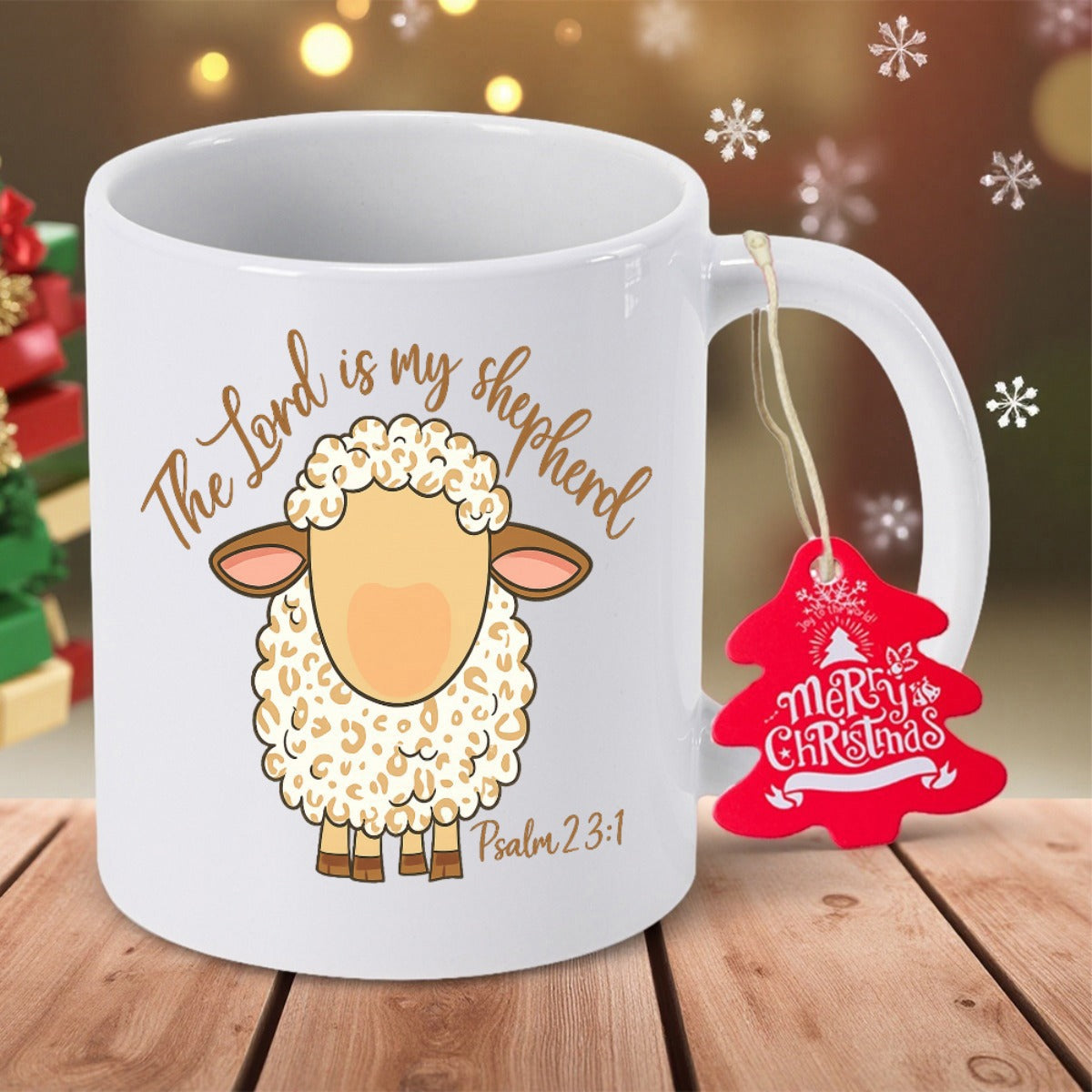 Tailorly White Ceramic 11 oz Mug - The Lord Is My Shepherd Psalm 23 1 Adorable Fluffy Cartoon Animal Surrounded By Scripted Inspirational Religious Quotes Sheep