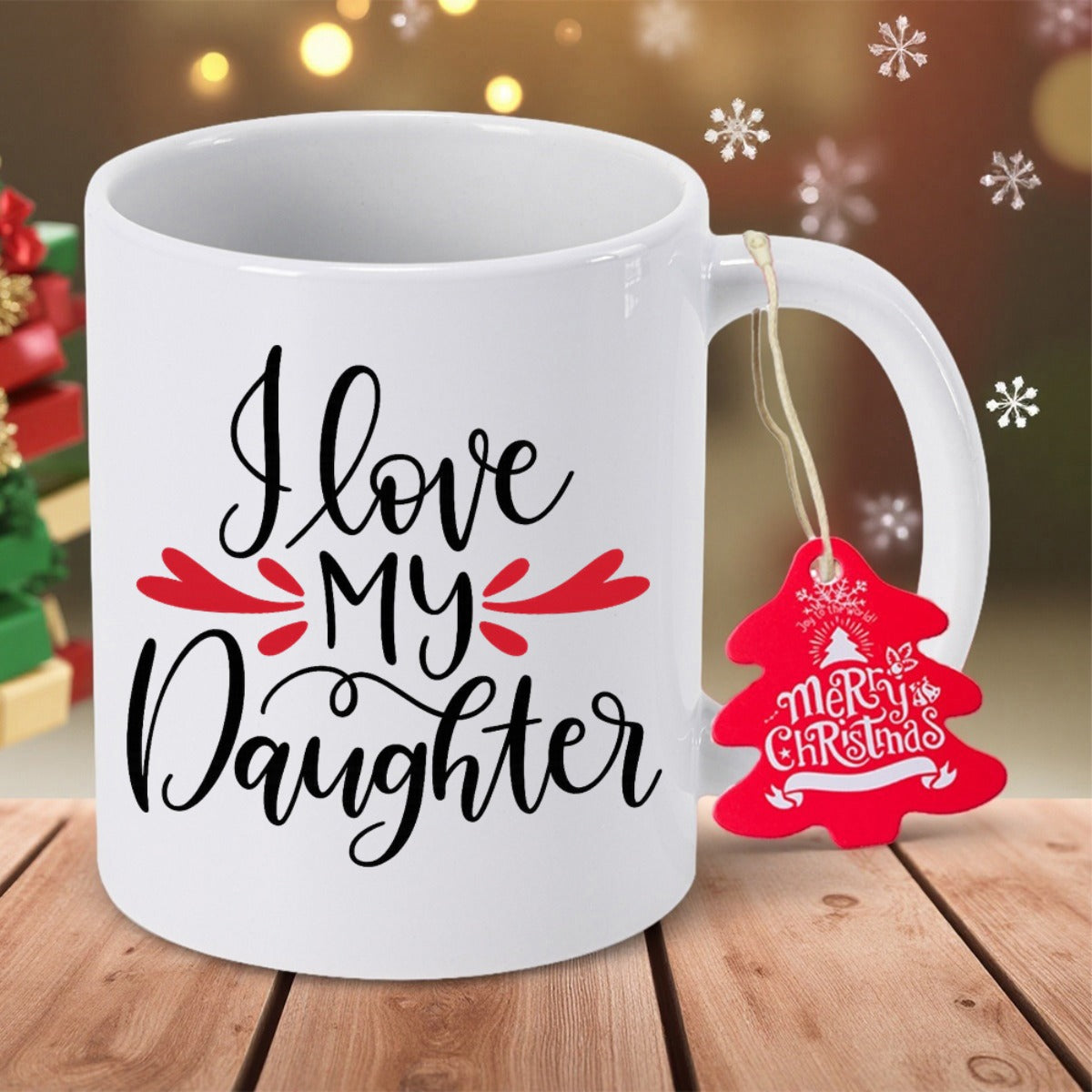 Tailorly White Ceramic 11 oz Mug - I Love My Daughter Merry Christmas Simple White Ceramic With Artistic Black Script And Red Heart Elements Mug