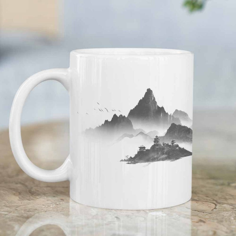 Tailorly White Ceramic 11 oz Mug - Traditional Ink Wash Landscape Featuring Misty Peaks And Ancient Architecture Mountain