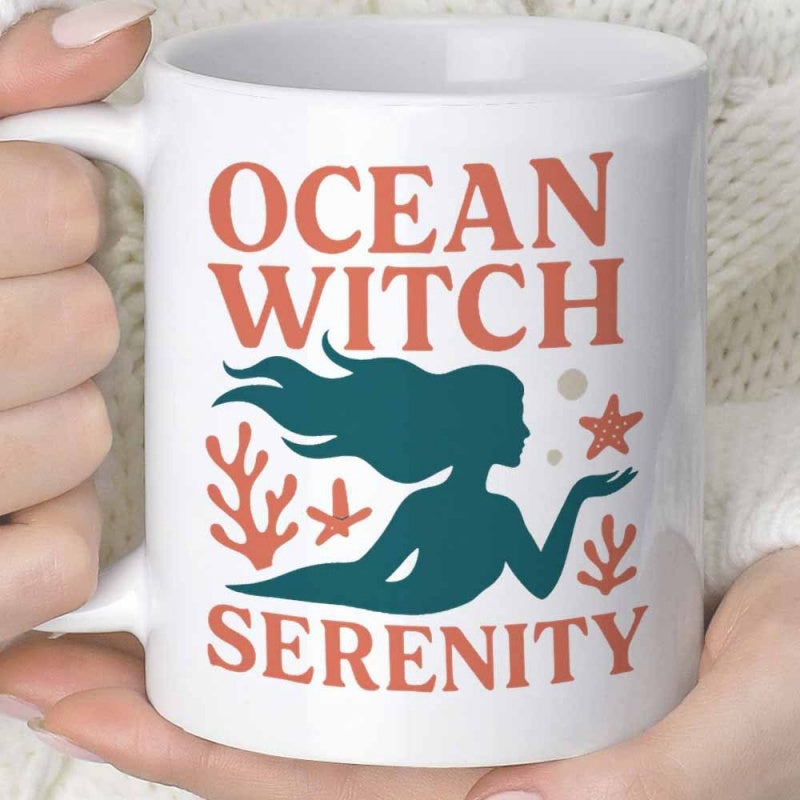 Tailorly White Ceramic 11 oz Mug - Ocean Witch Serenity Graceful Teal Silhouette Swimming Among Starfish And Coral Reefs Mermaid