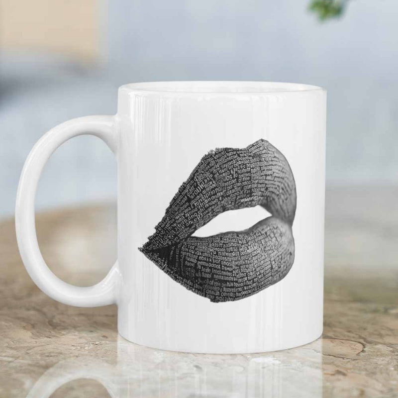 Tailorly White Ceramic 11 oz Mug - Artistic Textured Black Ink Human Mouth On Lips