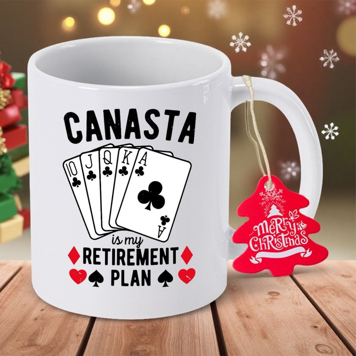 Tailorly White Ceramic 11 oz Mug - Canasta Is My Retirement Plan Classic Fan Of Club Playing Cards With Red And Black Suits Cards
