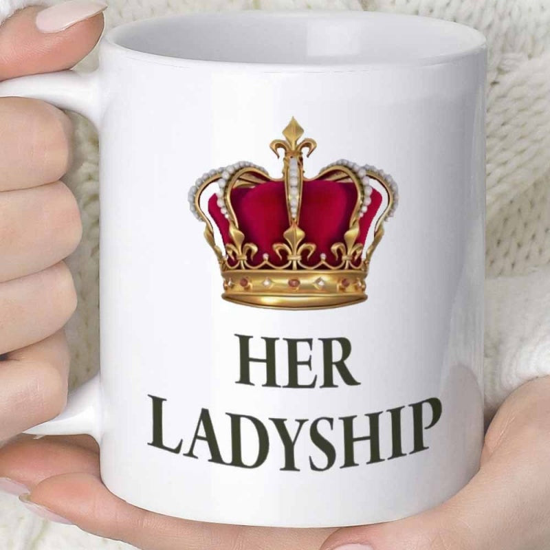 Tailorly White Ceramic 11 oz Mug - Her Ladyship Golden Royal Crown With Red Velvet Lining And Elegant Fleur De Lis Crown