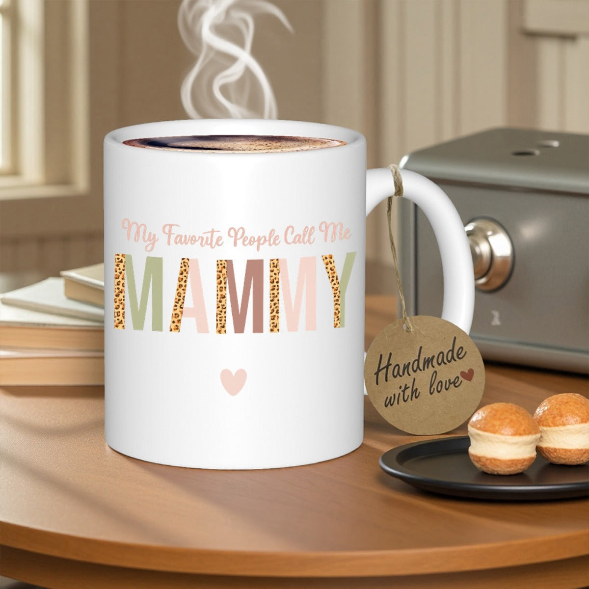Tailorly White Ceramic 11 oz Mug - My Favorite People Call Me Mammy Stylish Leopard Pattern Typography With Delicate Heart Detail Mug