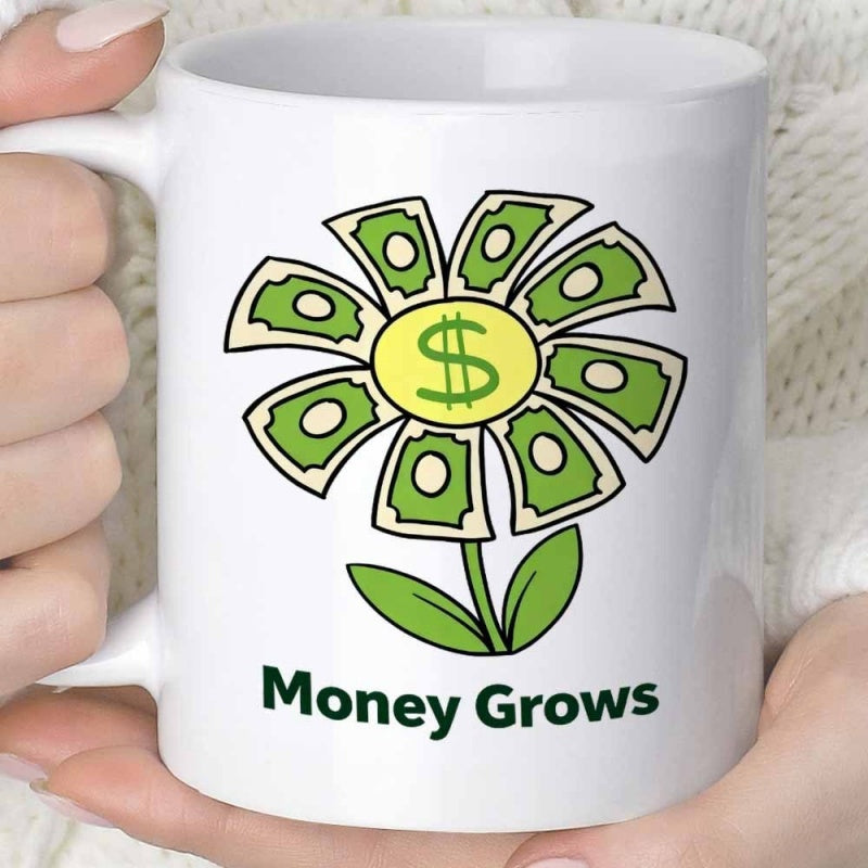 Tailorly White Ceramic 11 oz Mug - Money Grows Artistic Petals Shaped Like Green Cash Blooming On Stem Flower