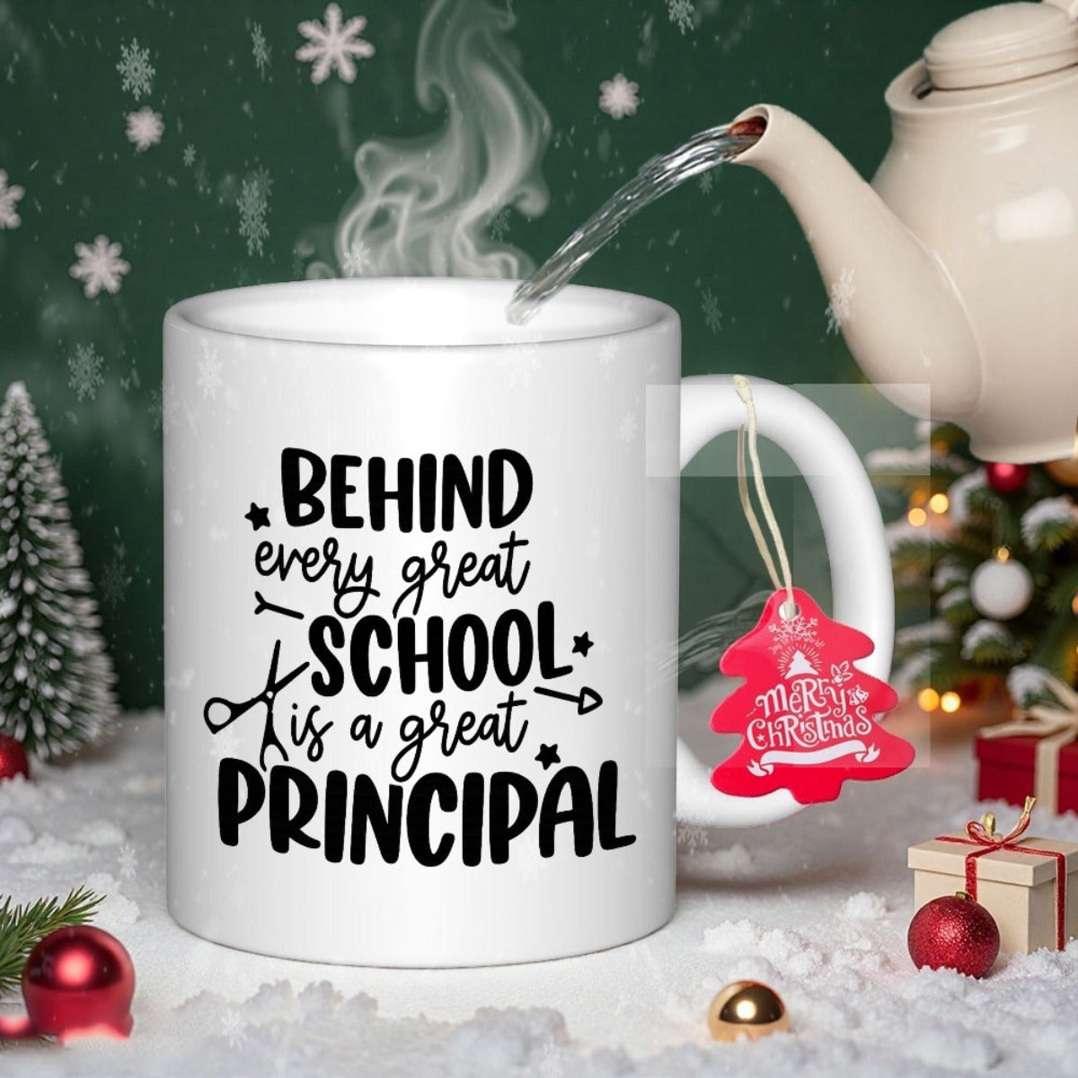 Tailorly White Ceramic 11 oz Mug - Behind Every Great School Is A Great Principal Minimalist Black Typography Featuring School Scissors And Starry Decorative