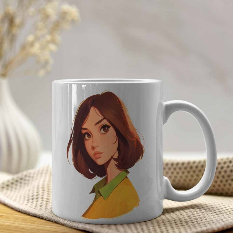 Tailorly White Ceramic 11 oz Mug - Stylized Young Woman With Short Brown Hair Wearing Yellow Shirt Portrait