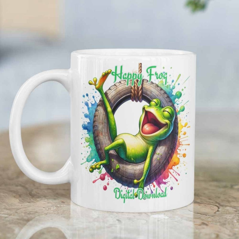 Tailorly White Ceramic 11 oz Mug - Happy Frog Digital Download Cheerful Green Character Relaxing Inside Hanging Tire Swing With Vibrant Paint Frog