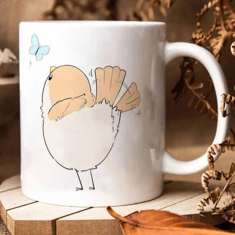 Tailorly White Ceramic 11 oz Mug - Adorable Round Bird Watching A Tiny Blue Butterfly Fluttering In Air Bird