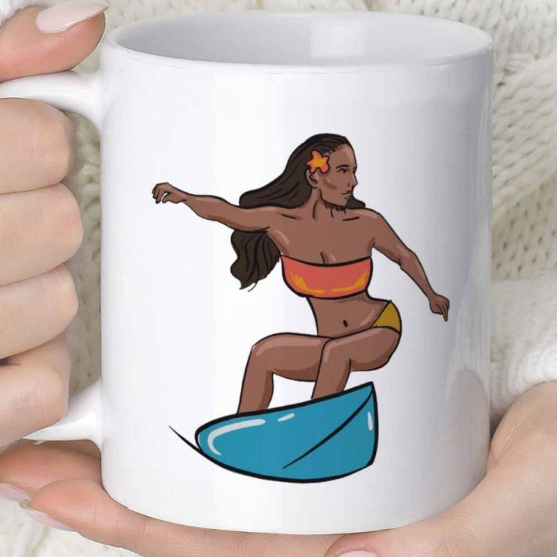 Tailorly White Ceramic 11 oz Mug - Athletic Sun Kissed Woman Wearing Orange Bikini Surfing On Blue Surfboard Surfer