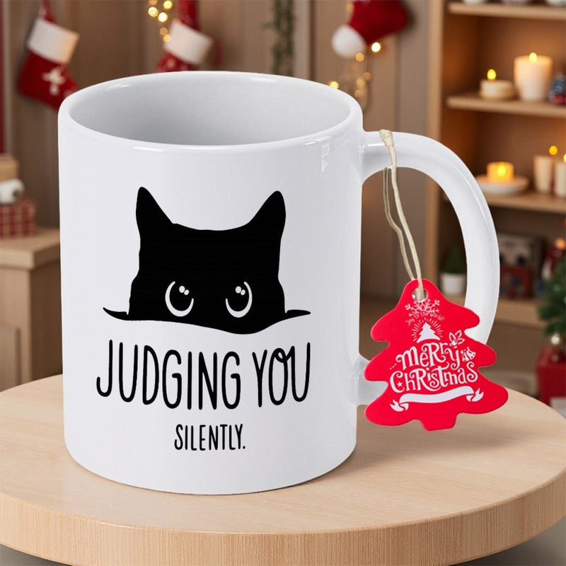 Tailorly White Ceramic 11 oz Mug - Judging You Silently Minimalist Black Silhouette Peeking Over Edge With Grumpy Staring Eyes Cat
