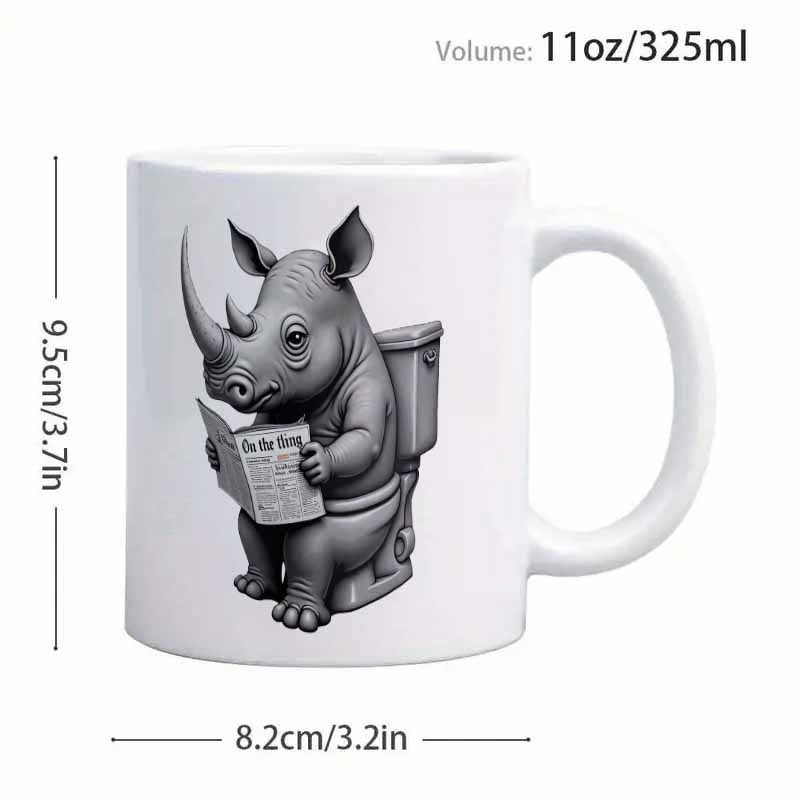 Tailorly White Ceramic 11 oz Mug - On The Go Humorous Grayscale Rhino Sitting On Toilet Reading Newspaper Rhinoceros