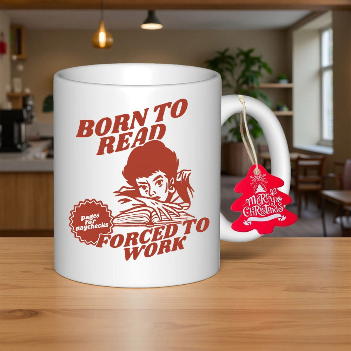 Tailorly White Ceramic 11 oz Mug - Born To Read Forced To Work Vintage Retro Person Leaning Over An Open Book Mug