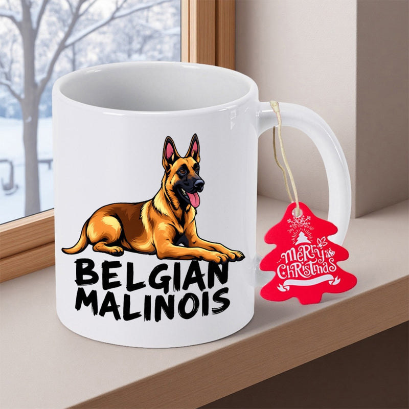 Tailorly White Ceramic 11 oz Mug - Belgian Malinois Majestic Shepherd Dog Lying Down Peacefully With Alert Ears And Tongue Malinois